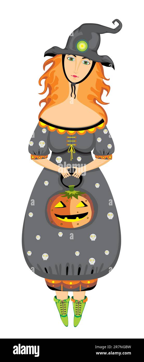 Beautiful witch with a pumpkin on a white background Stock Vector