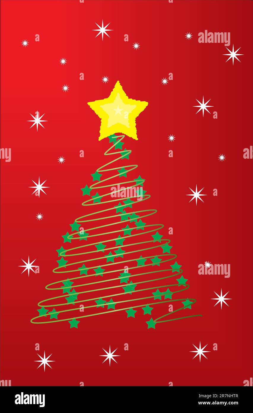 christmas tree with star and snowflakes on red background Stock Vector
