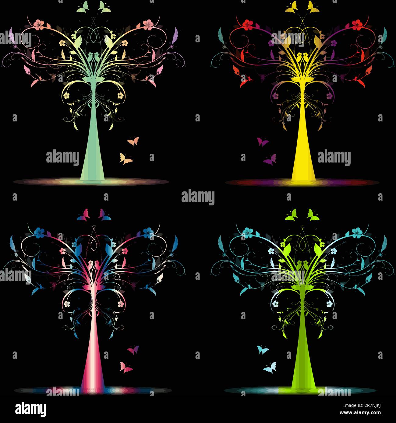 Colorful art trees collection on black background Stock Vector Image ...