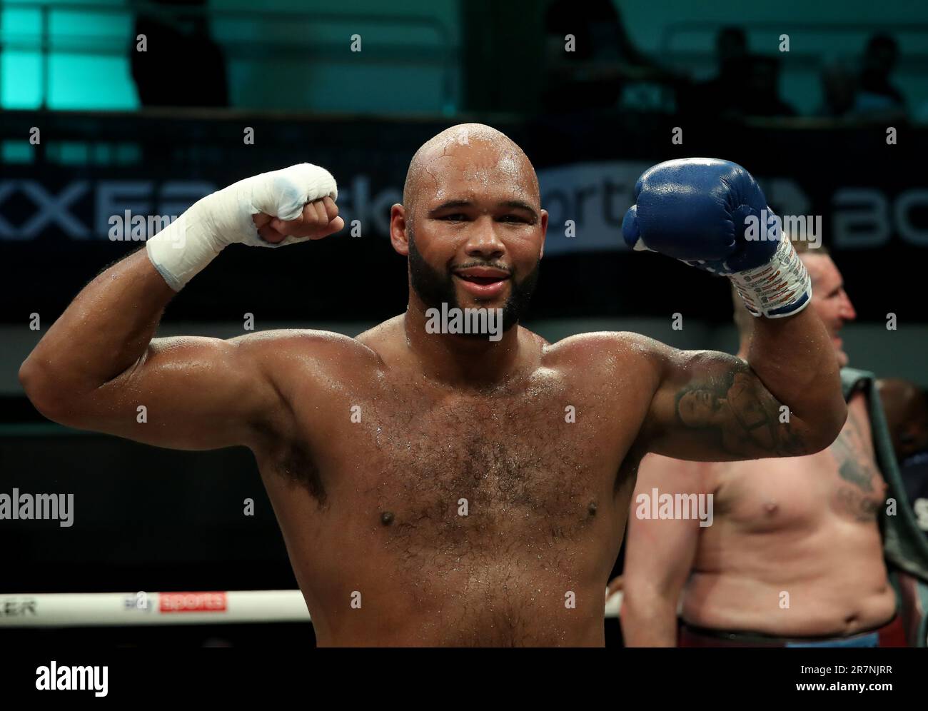 Frazer Clarke celebrates beating Mariusz Wach after their Heavyweight bout at York Hall, London. Picture date: Friday June 16, 2023. Stock Photo
