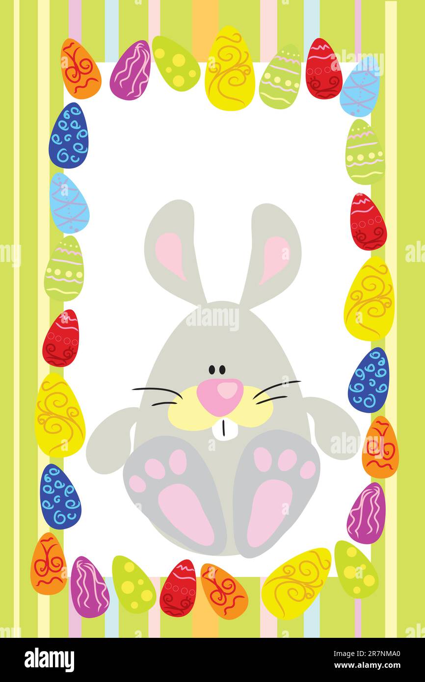 funny easter rabbit with eggs on striped background Stock Vector
