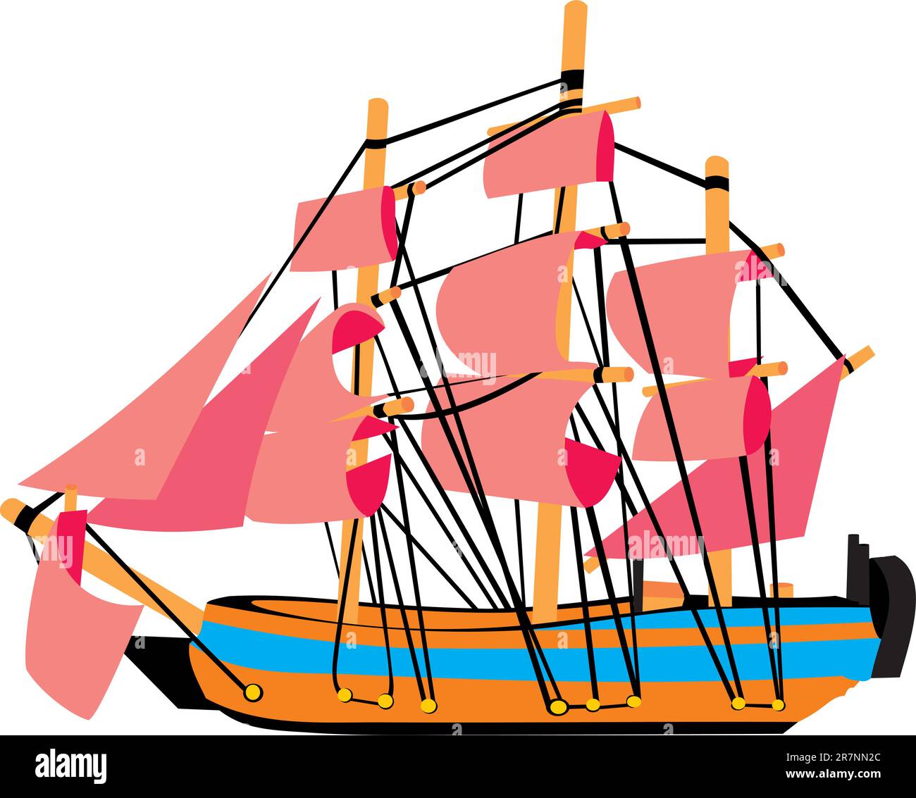 Fighting frigate. Crimson sails. The military ship Stock Vector