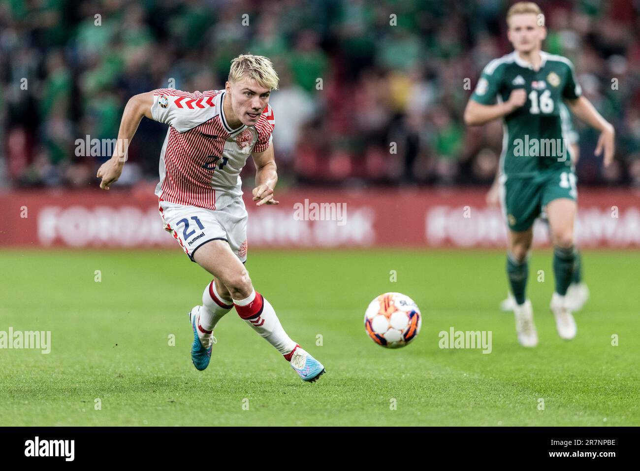Copenhagen, Denmark. 16th June, 2023. Rasmus Hojlund (21) of Denmark