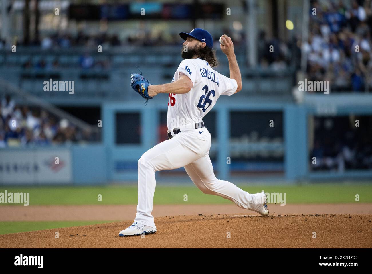 Los Angeles Dodgers starting pitcher Tony Gonsolin (26) throws a pitch during a baseball game in
