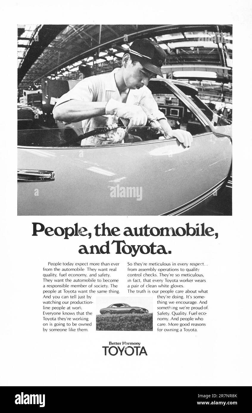 Toyota advert in a magazine 1975. Toyota Better Harmony - People, the Automobile, and Toyota campaign Stock Photo