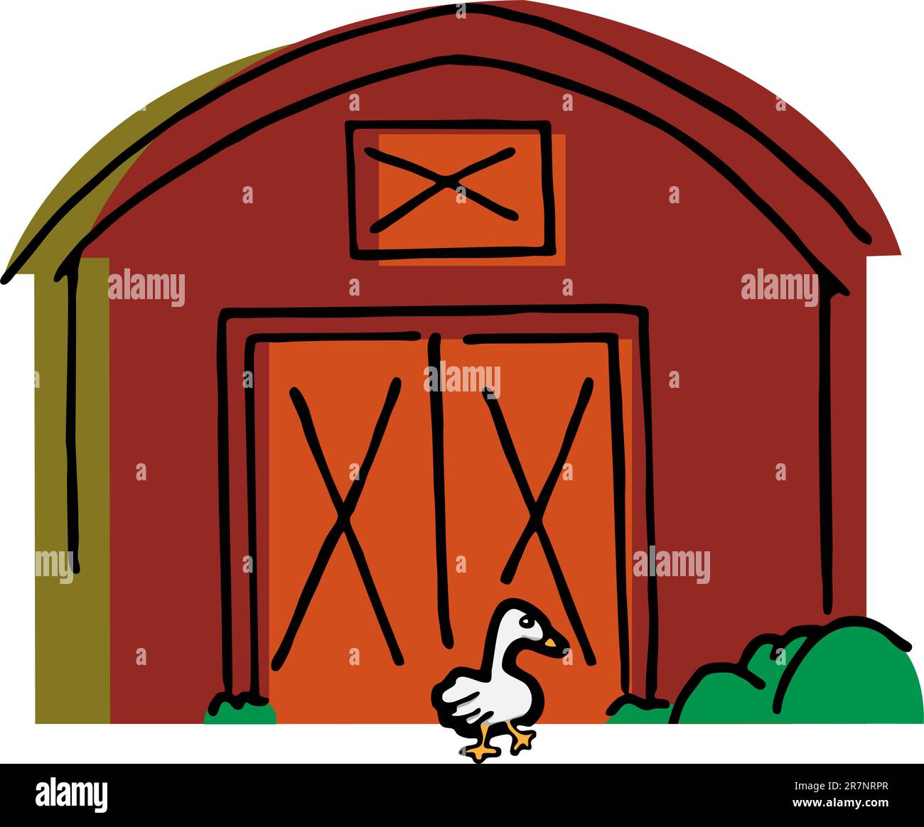 Big white goose walks by a red barn and bushes Stock Vector
