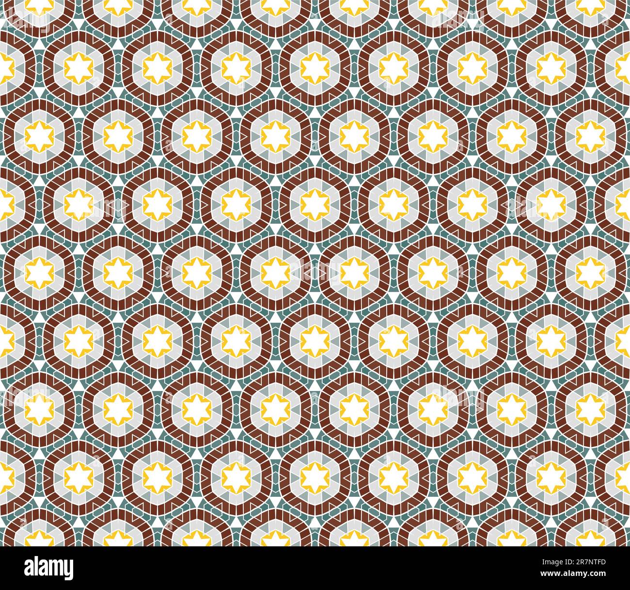 Geometrical vector pattern (seamless) with stars and circles in yellow, grey, brown, green Stock Vector
