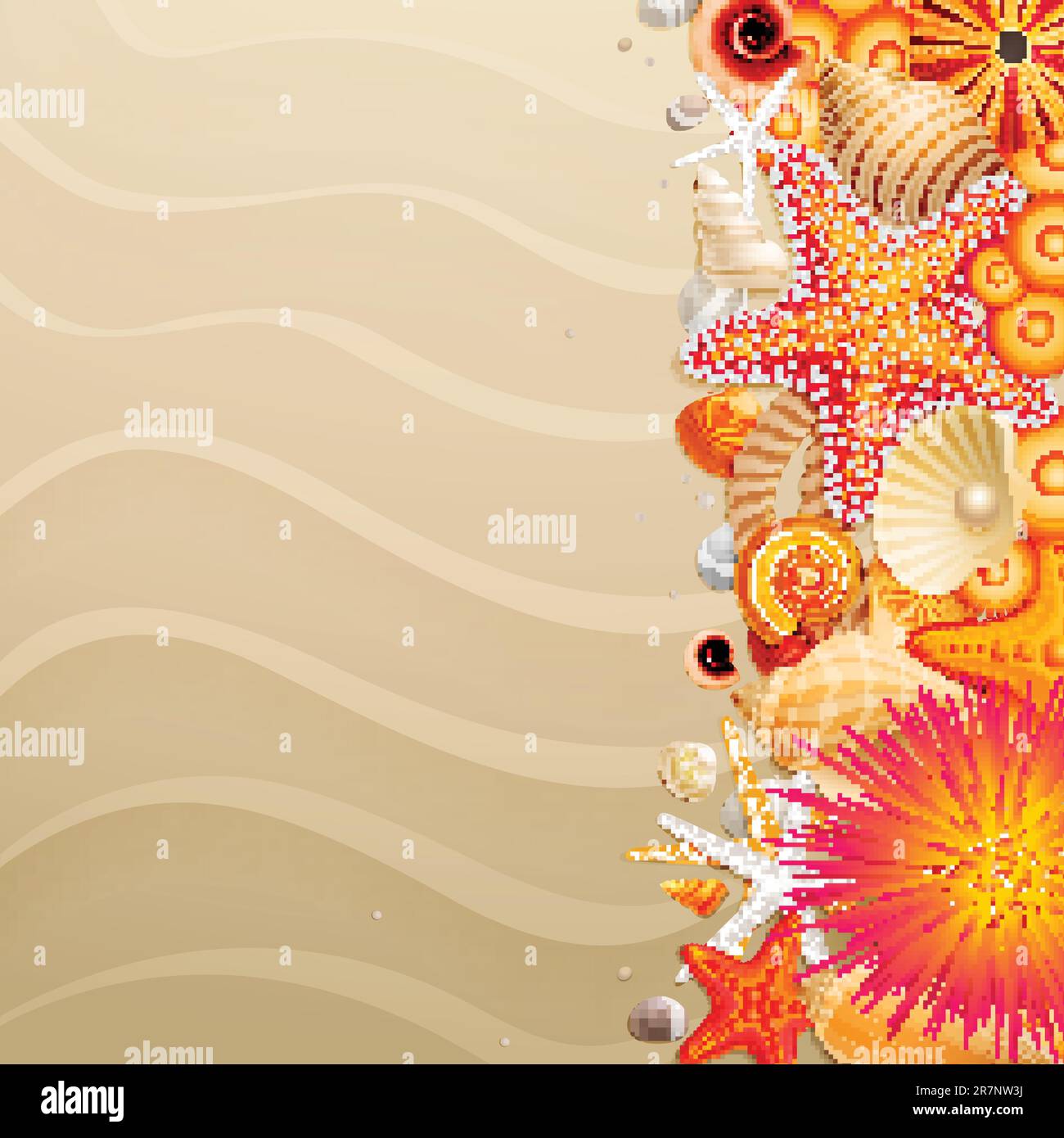 Shells and starfishes on sand background with place for text. Vector ...