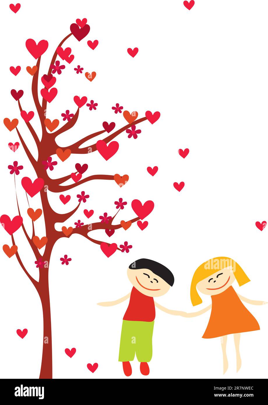 love couple under heart tree on white background Stock Vector