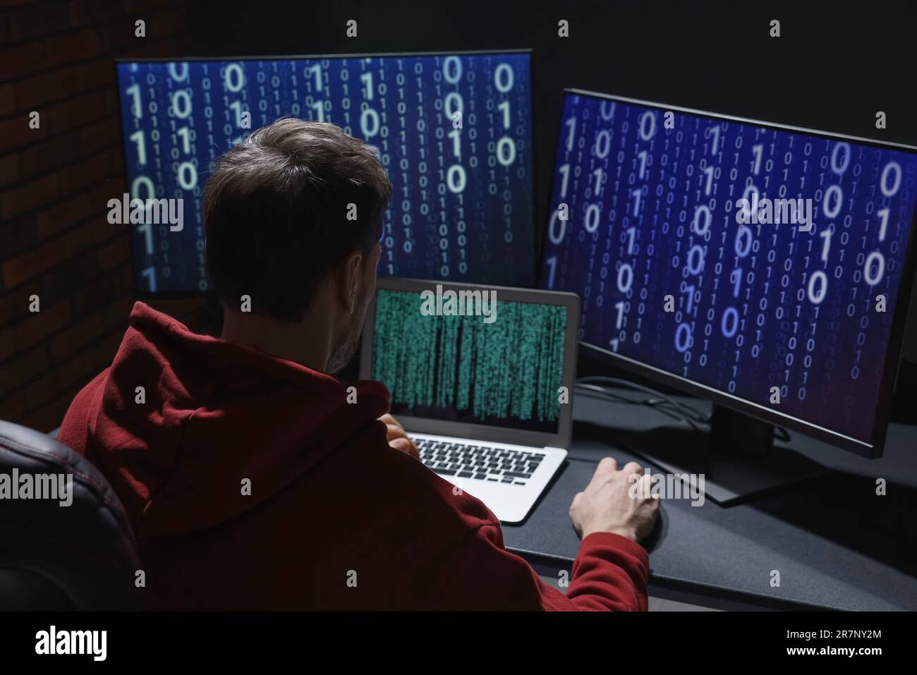 Hacker working with computers in dark room. Cyber attack Stock Photo ...