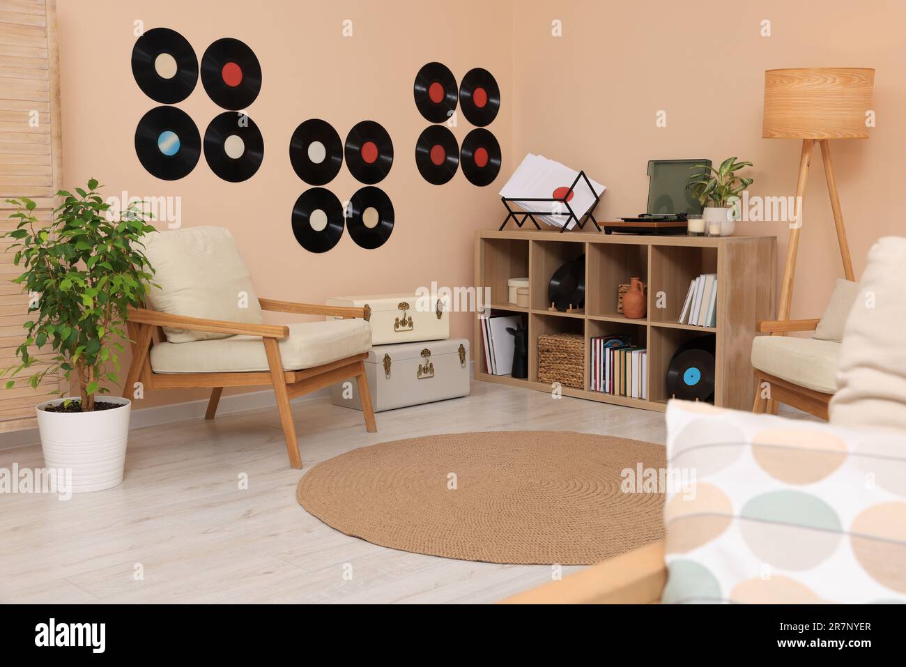 Living room interior decorated with vinyl records Stock Photo - Alamy