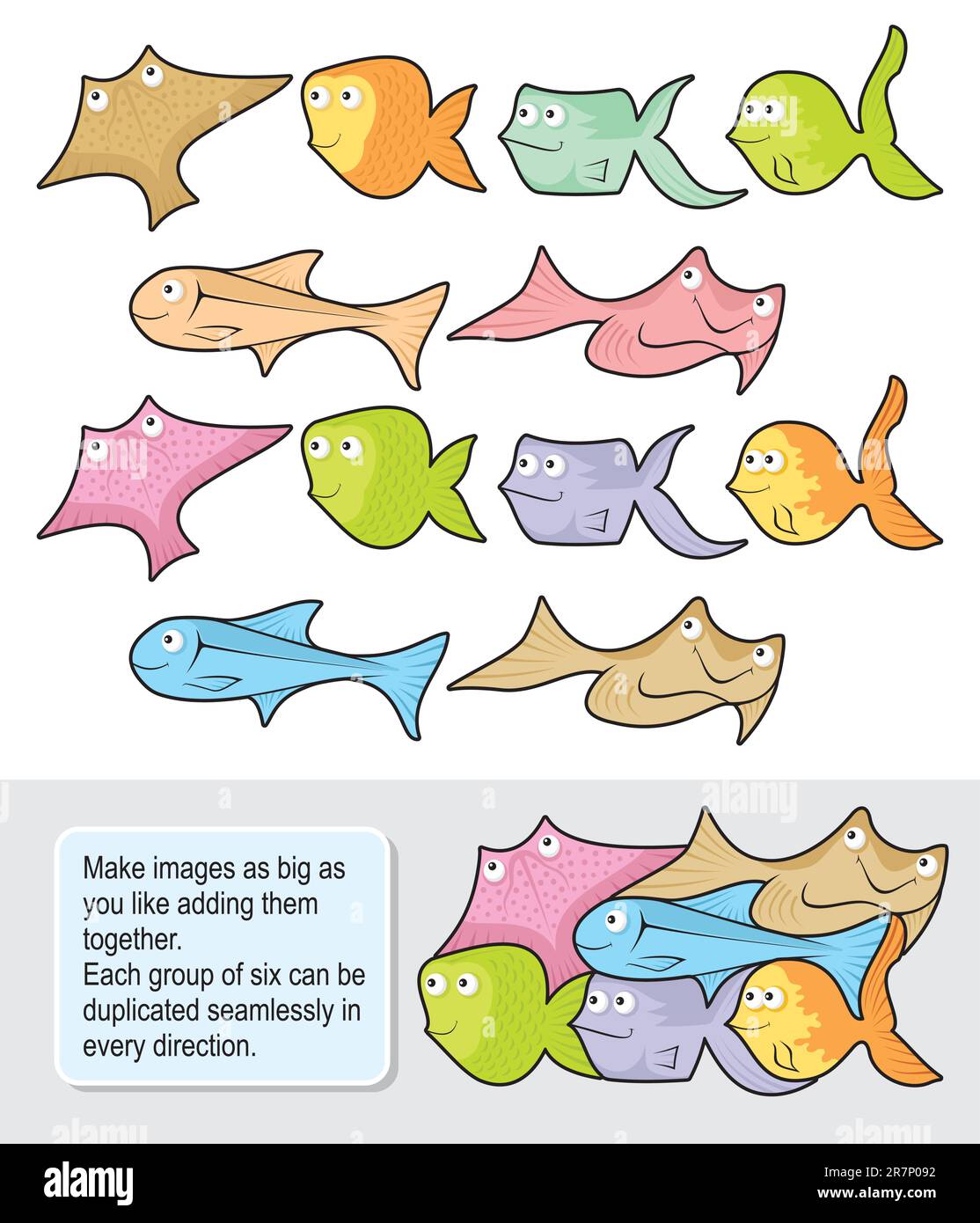 Six happy fish cartoons each one in two colored versions. Make seamless wallpapers as big as you like adding them together. Stock Vector