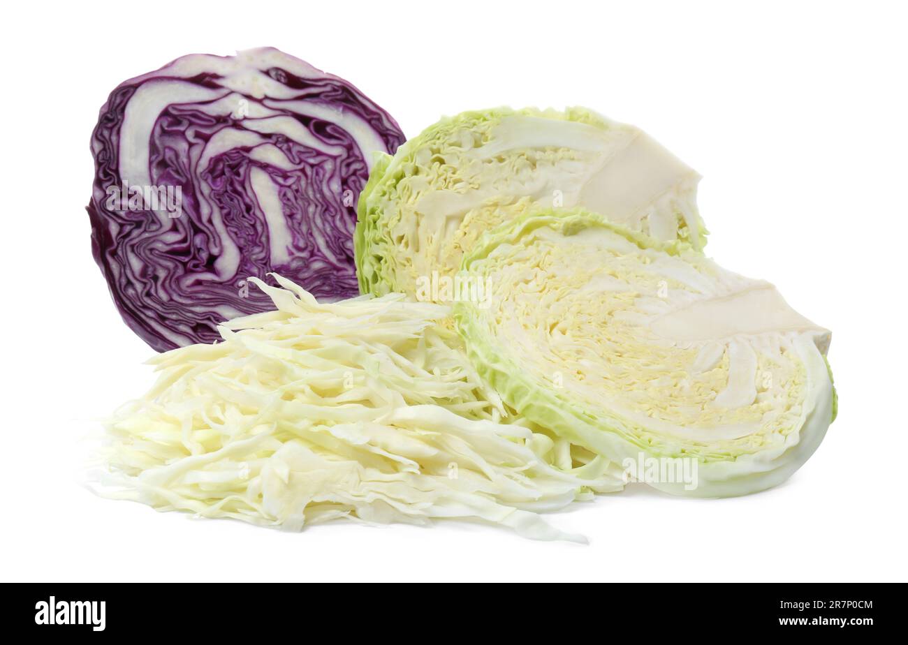 Different types of cut cabbage on white background Stock Photo - Alamy
