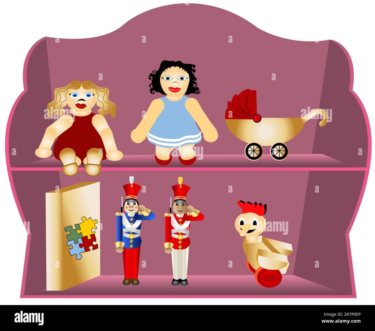 Illustration of a purple shelf with different children toys. Stock Vector