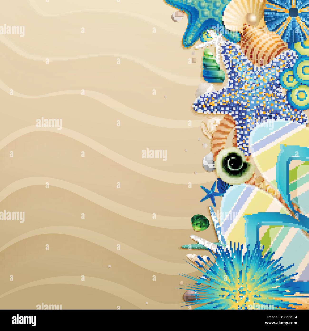 Flip-flops and shells on the beach. Vector illustration. Stock Vector