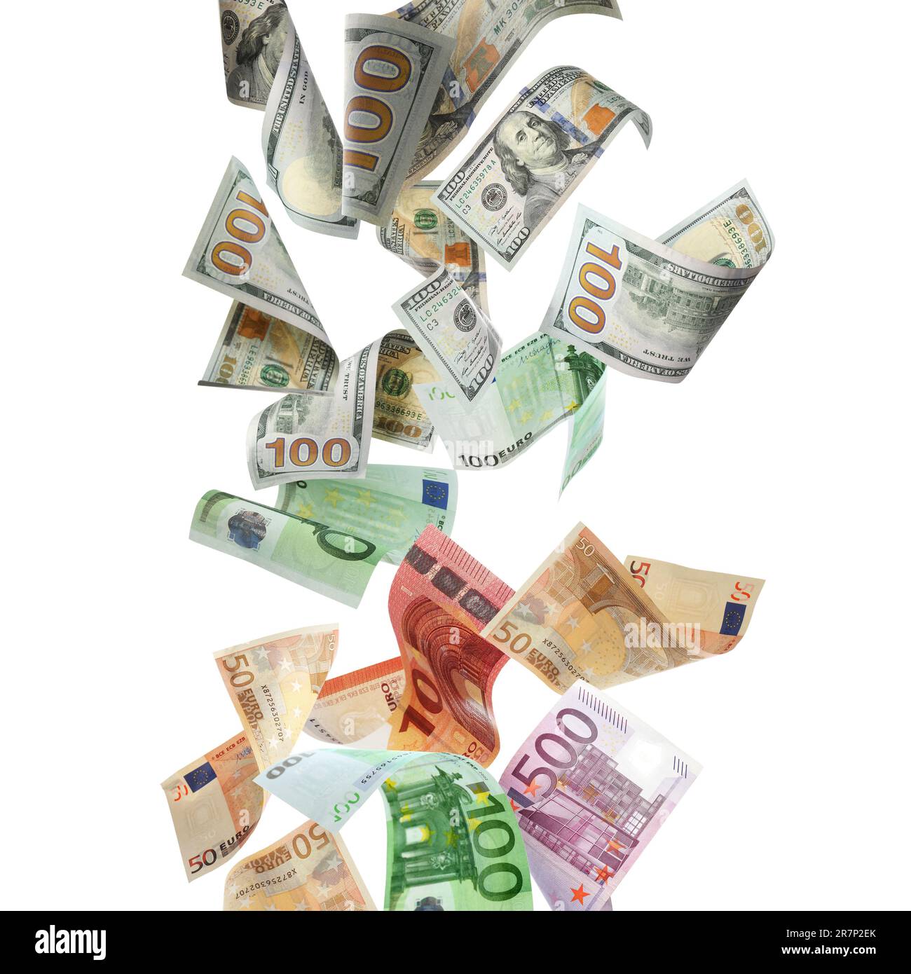 Money exchange. Many dollars and euro banknotes falling on white background  Stock Photo - Alamy