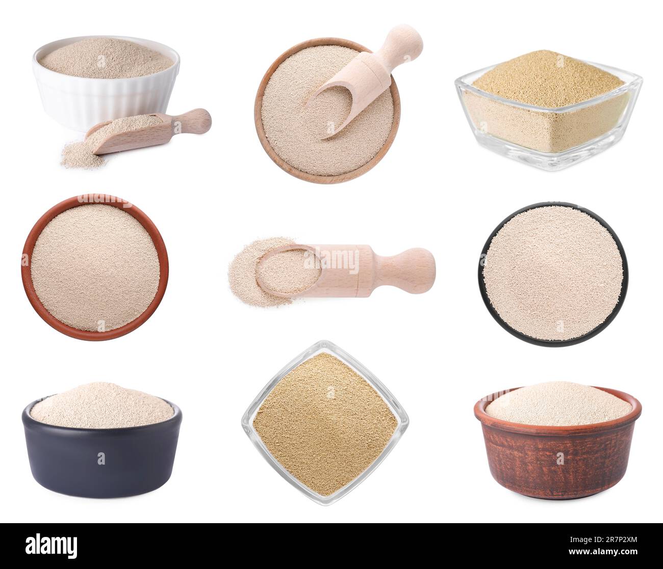 Collage with dry yeast on white background. Leavening agent Stock Photo