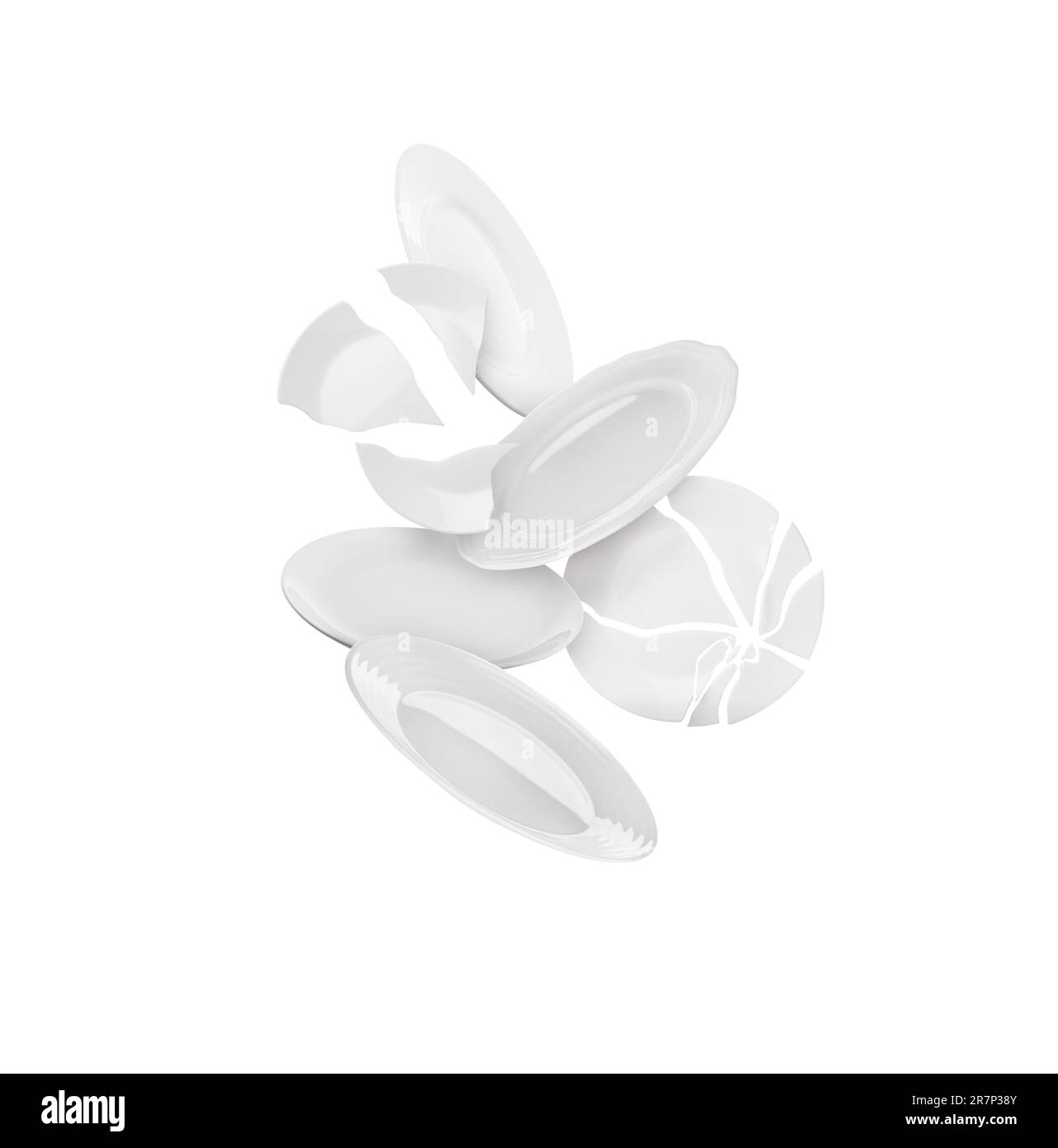 Whole and broken plates falling on white background Stock Photo Alamy