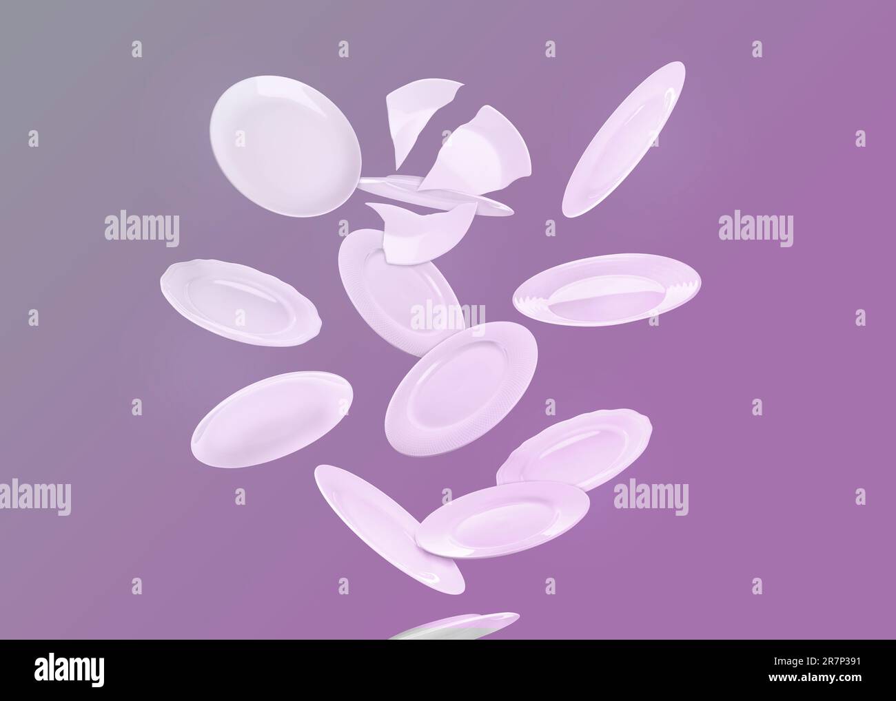 Many white plates falling on pastel violet background Stock Photo - Alamy