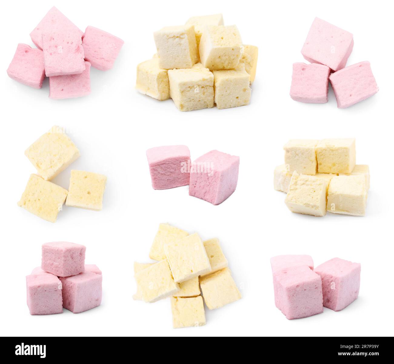 Collage with tasty different marshmallows on white background Stock ...