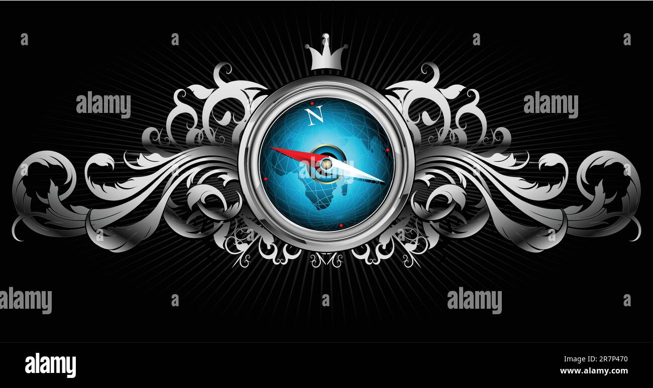 compass with ornate frame, this illustration may be useful as designer work Stock Vector