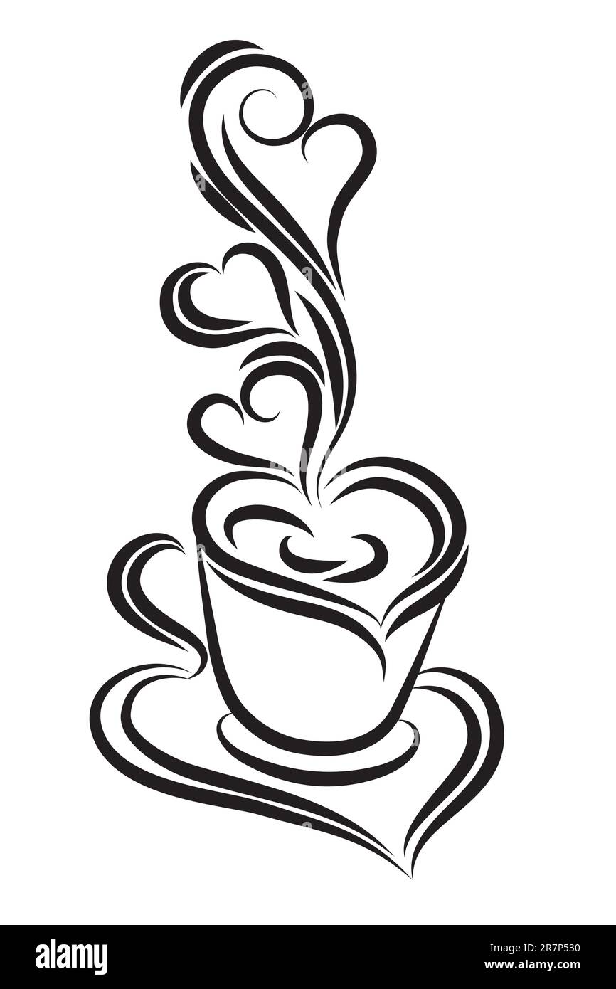 Black and white coffee cup vector. Swirl, curl style Stock Vector Image