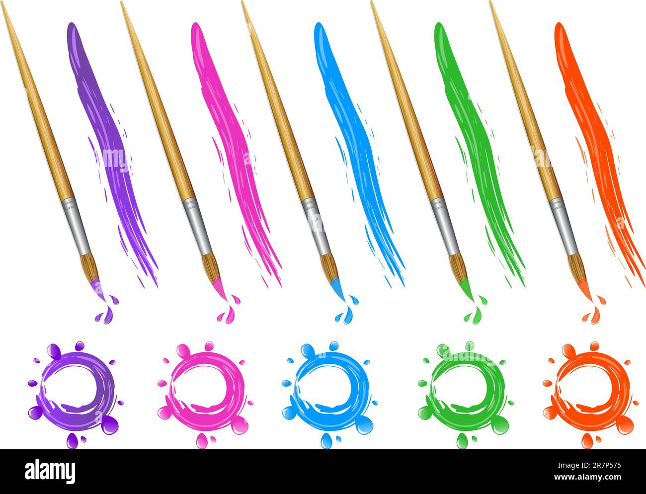 Wooden thin brushes and colorful strokes of paint. Vector Illustration