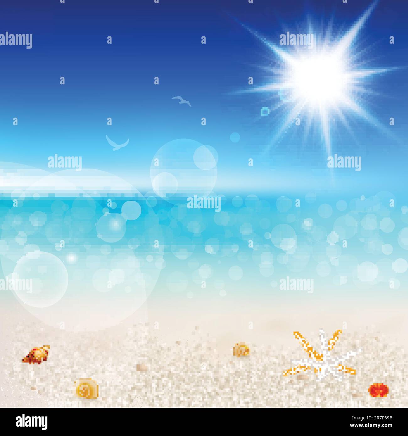 Beautiful seaside view on sunny day with sand and shells. Stock Vector