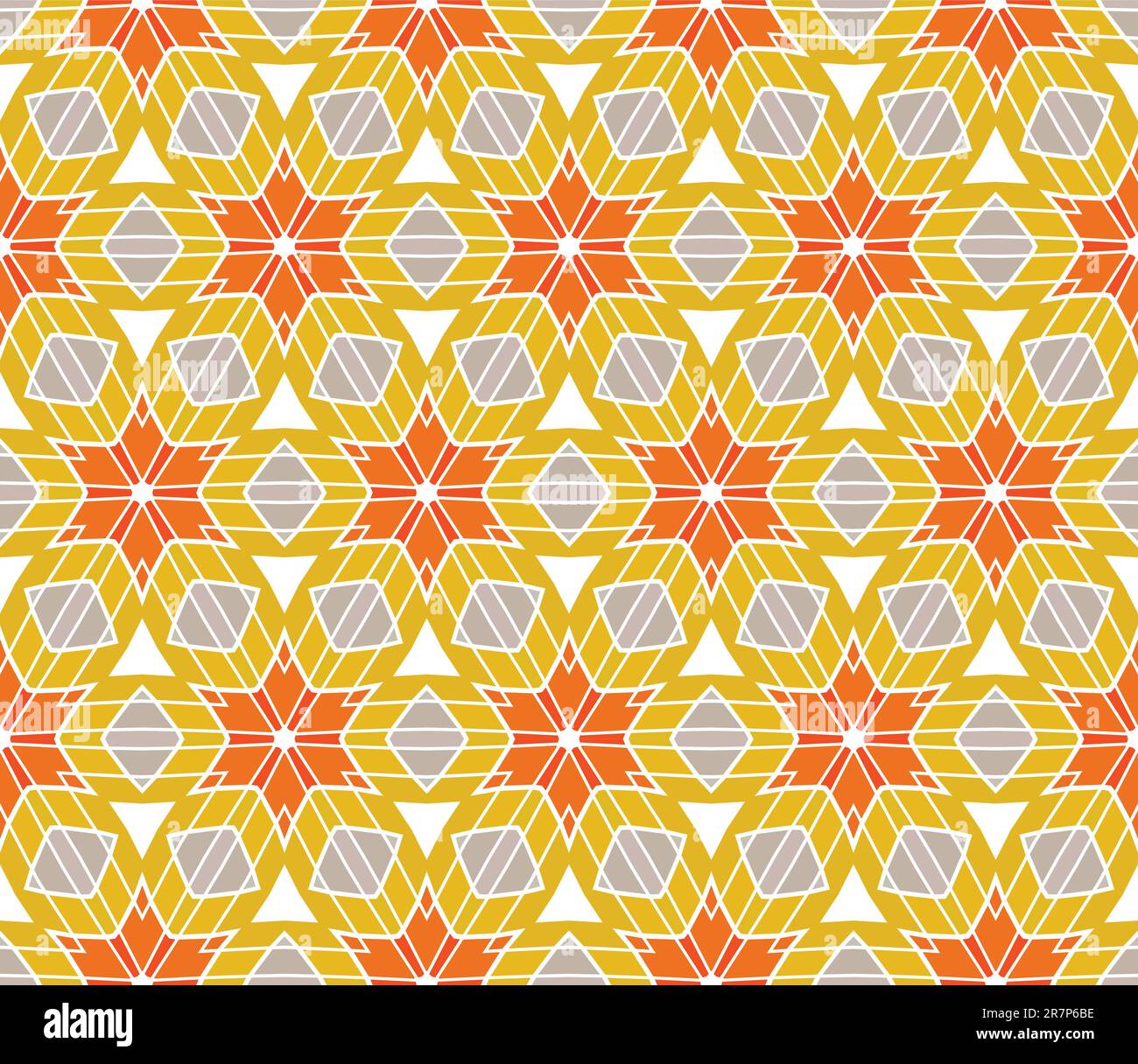 Seamless geometric pattern with stars and flowers in yellow, grey, orange Stock Vector