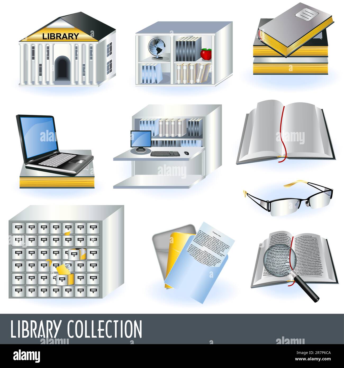 Collection of 10 different library icon illustrations isolated on white ...
