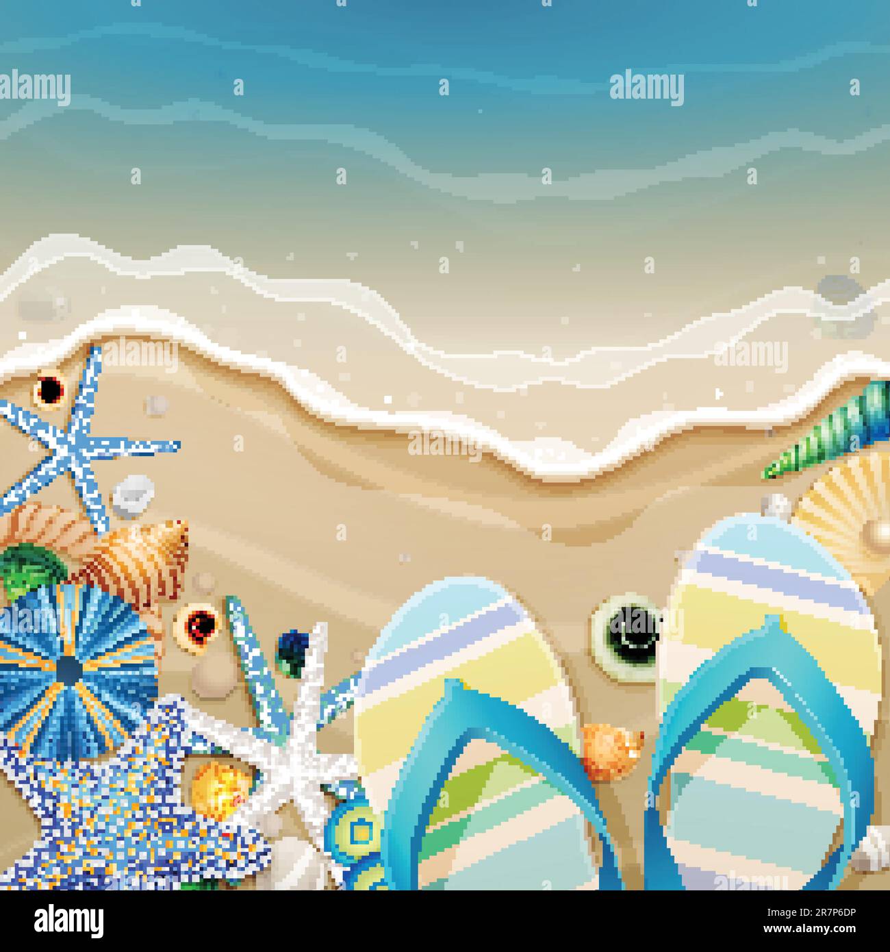 Flip-flops and shells on the beach. Vector illustration. Stock Vector