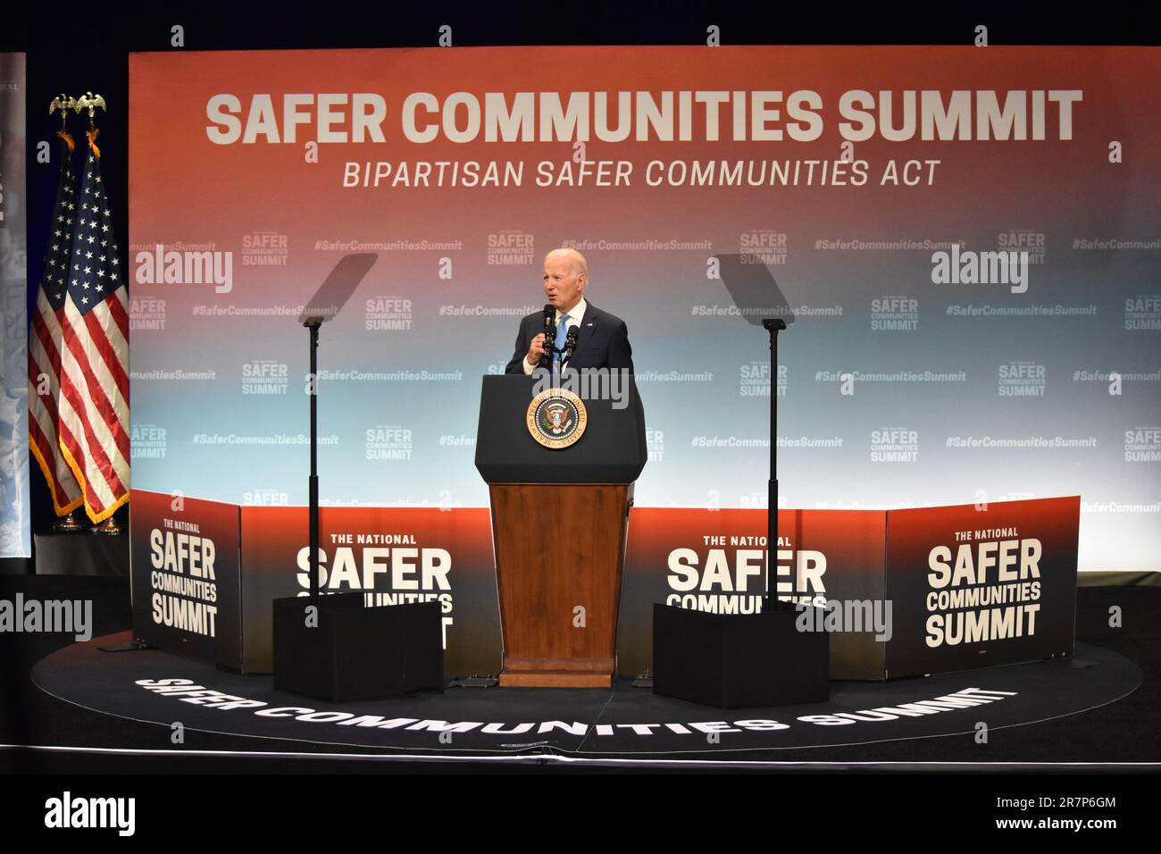 President of the United States Joe Biden was passionate during his speech and at times complained why the United States of America has the amount of gun violence it is suffering from. President of the United States Joe Biden delivers remarks at the National Safer Communities Summit at Hartford University in West Hartford. President Biden called on Congress to act on gun reform and praised the bipartisan safer communities act. President Biden told the crowd that if the United States Congress did not act, that 'it is time to get a new Congress.' Stock Photo