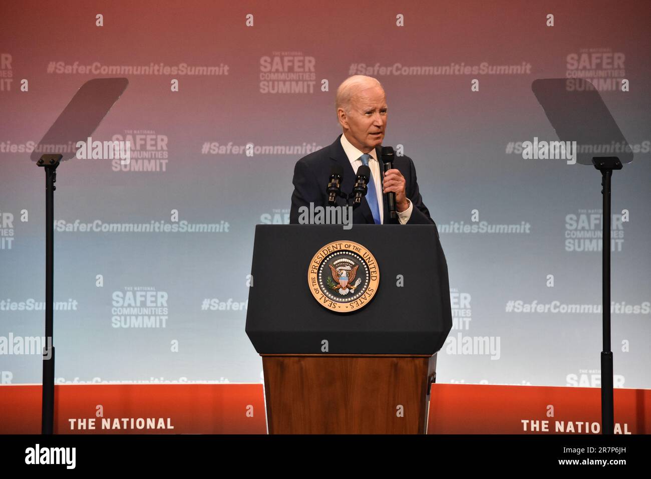 President Joe Biden was passionate during his speech and at times complained why the United States of America has the amount of gun violence it is suffering from. President of the United States Joe Biden delivers remarks at the National Safer Communities Summit at Hartford University in West Hartford. President Biden called on Congress to act on gun reform and praised the bipartisan safer communities act. President Biden told the crowd that if the United States Congress did not act, that 'it is time to get a new Congress.' Stock Photo