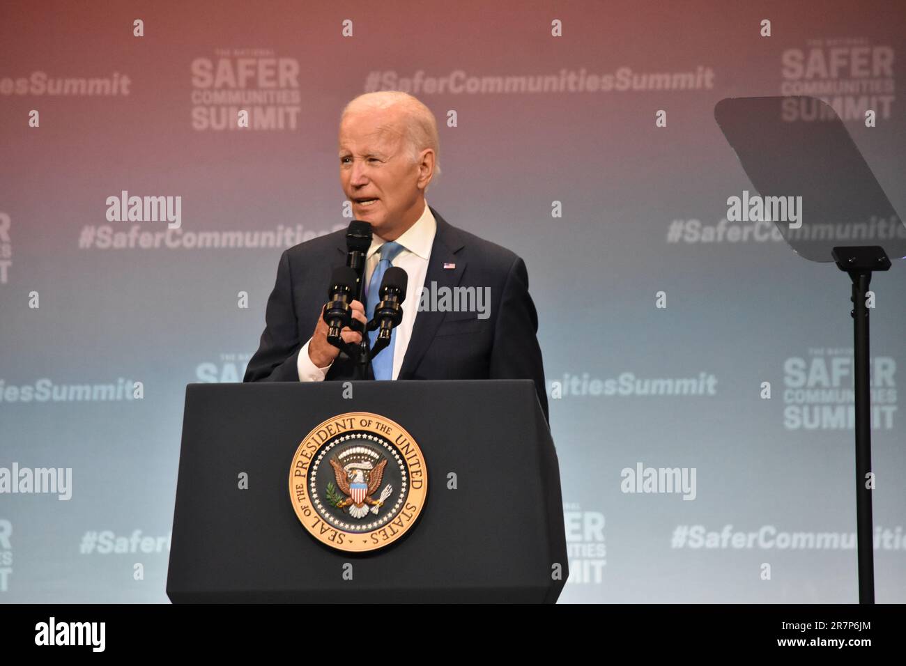 President of the United States Joe Biden was passionate during his speech and at times complained why the United States of America has the amount of gun violence it is suffering from. President of the United States Joe Biden delivers remarks at the National Safer Communities Summit at Hartford University in West Hartford. President Biden called on Congress to act on gun reform and praised the bipartisan safer communities act. President Biden told the crowd that if the United States Congress did not act, that 'it is time to get a new Congress.' Stock Photo