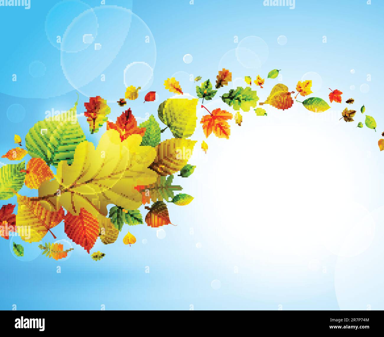 Autumn background with colorful leaves on blue and place for text ...