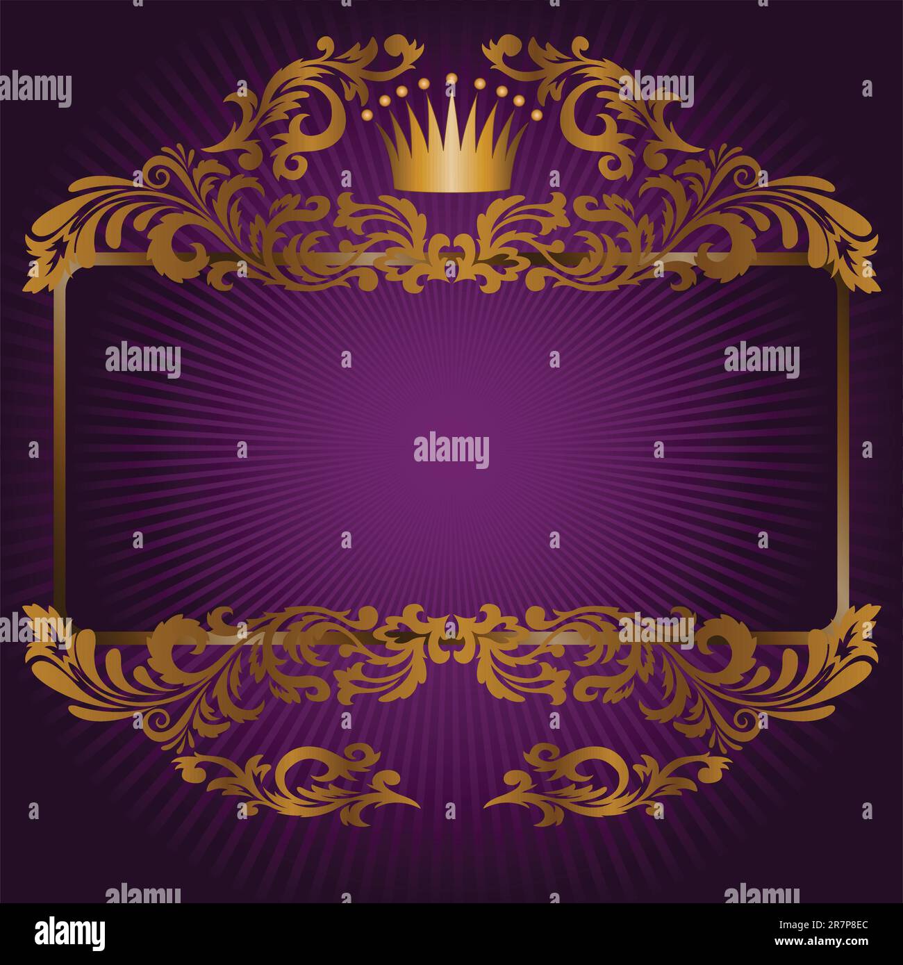 great frame of gold ornaments and a crown on a purple background Stock