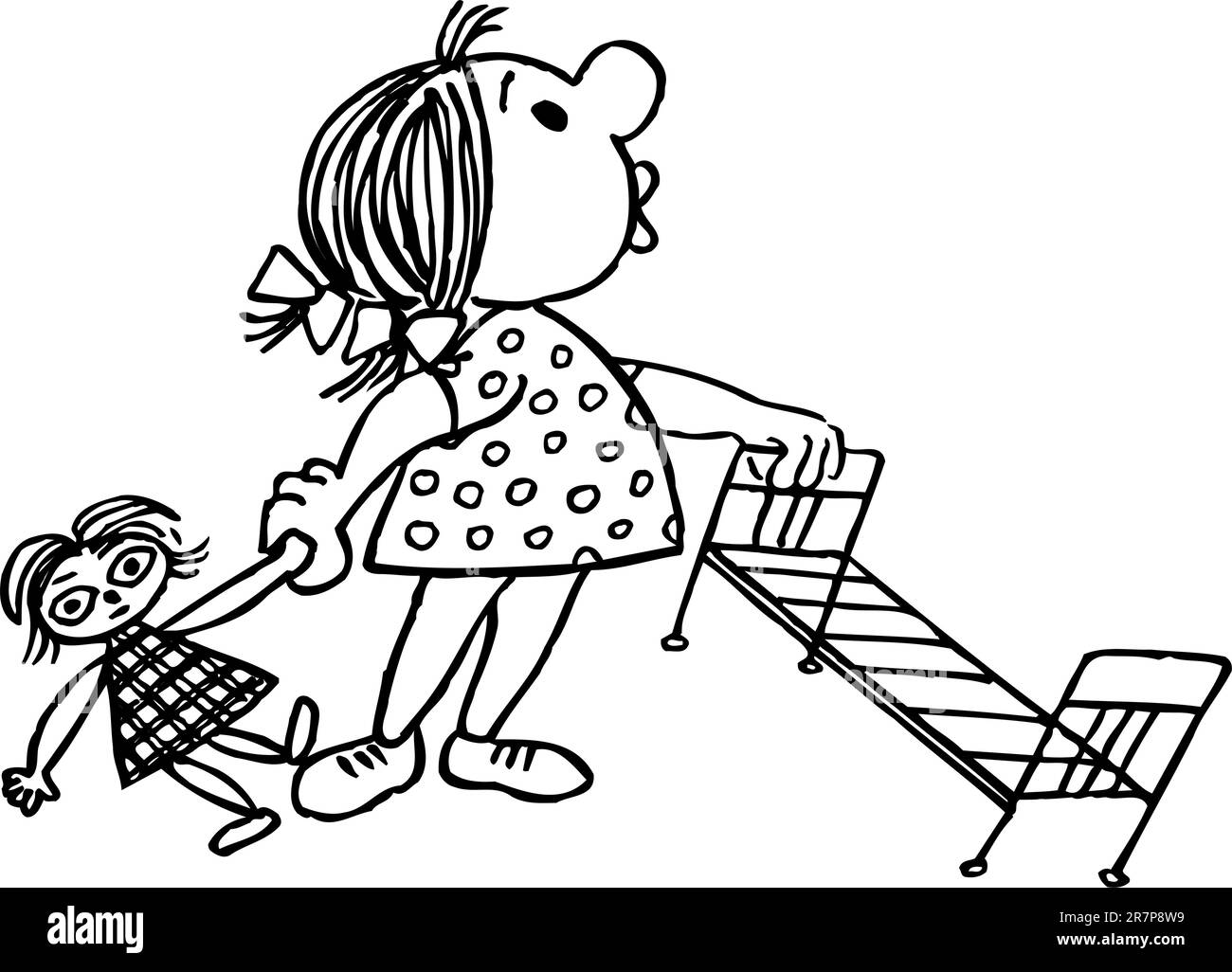Little girl with doll and toy bed stock vector image art alamy