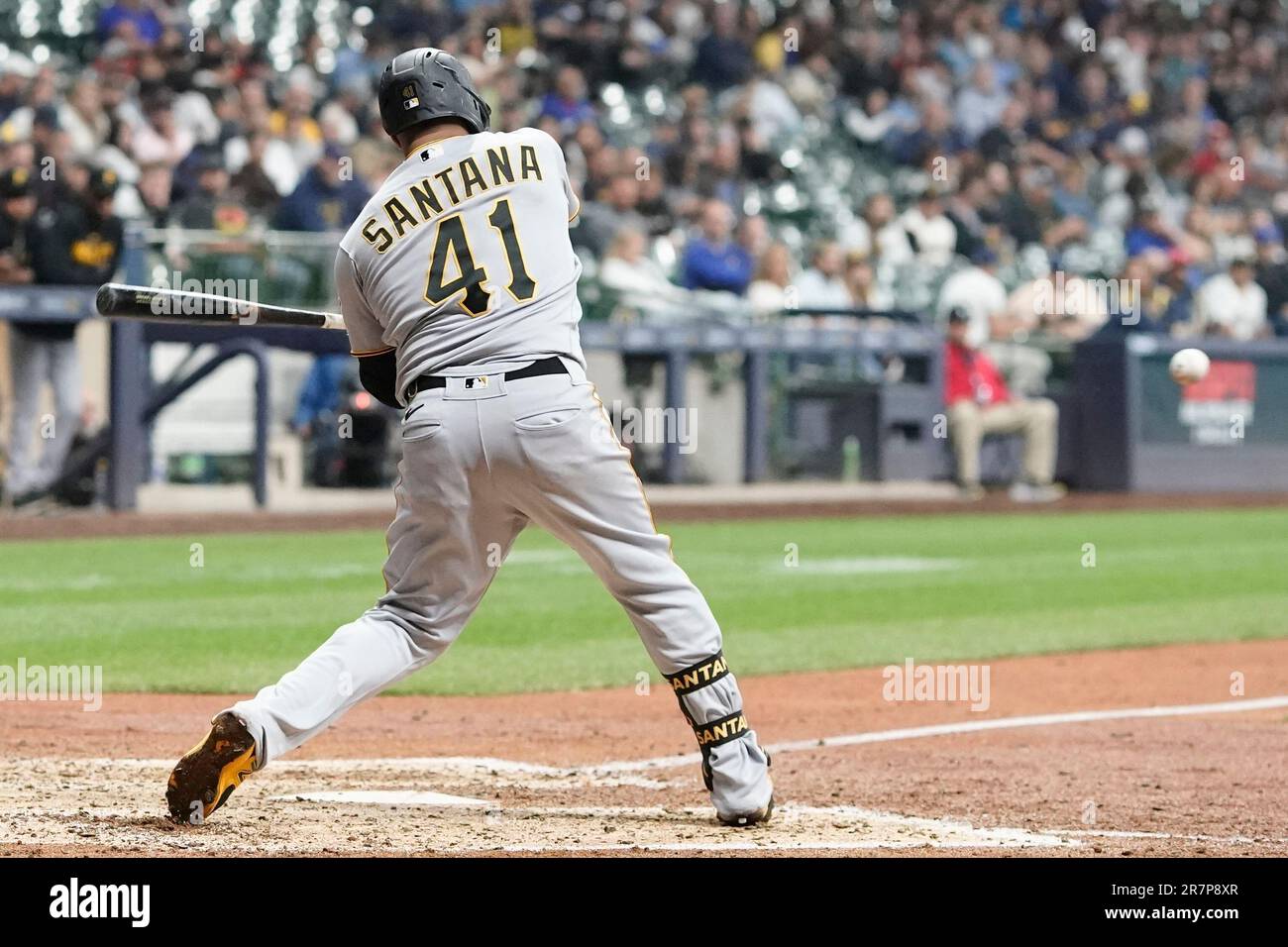 Pittsburgh Pirates' Carlos Santana hits a single during the seventh inning  of a baseball game against the Milwaukee Brewers Friday, June 16, 2023, in  Milwaukee. (AP Photo/Morry Gash Stock Photo - Alamy