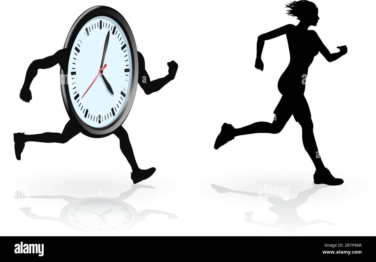 Running against the clock conceptual design. Woman trying to beat her best time or concept for being under time pressure. Stock Vector