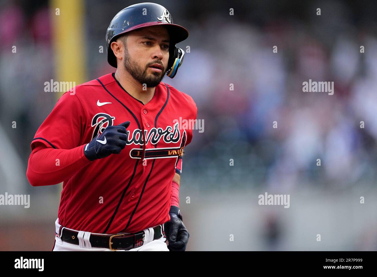 Atlanta Braves catcher Travis d'Arnaud (16) runs the bases after