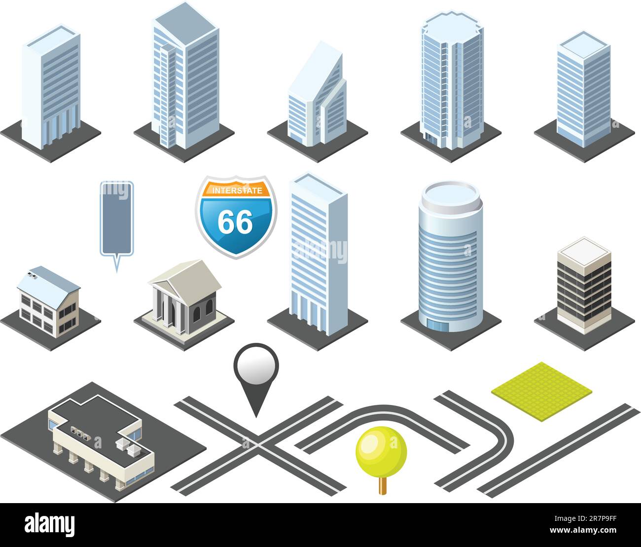 Isometric map hi res stock photography - Downtown Isometric Map Toolkit With Buildings And Roads 2R7P9FF 