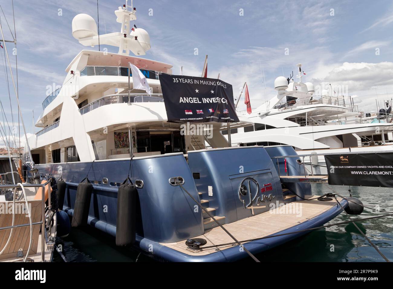 Cannes, France.18th May, 2023. View of a yacht moored at the quay during the 76th International Cannes film festival on May 18, 2023 in Cannes, France Stock Photo