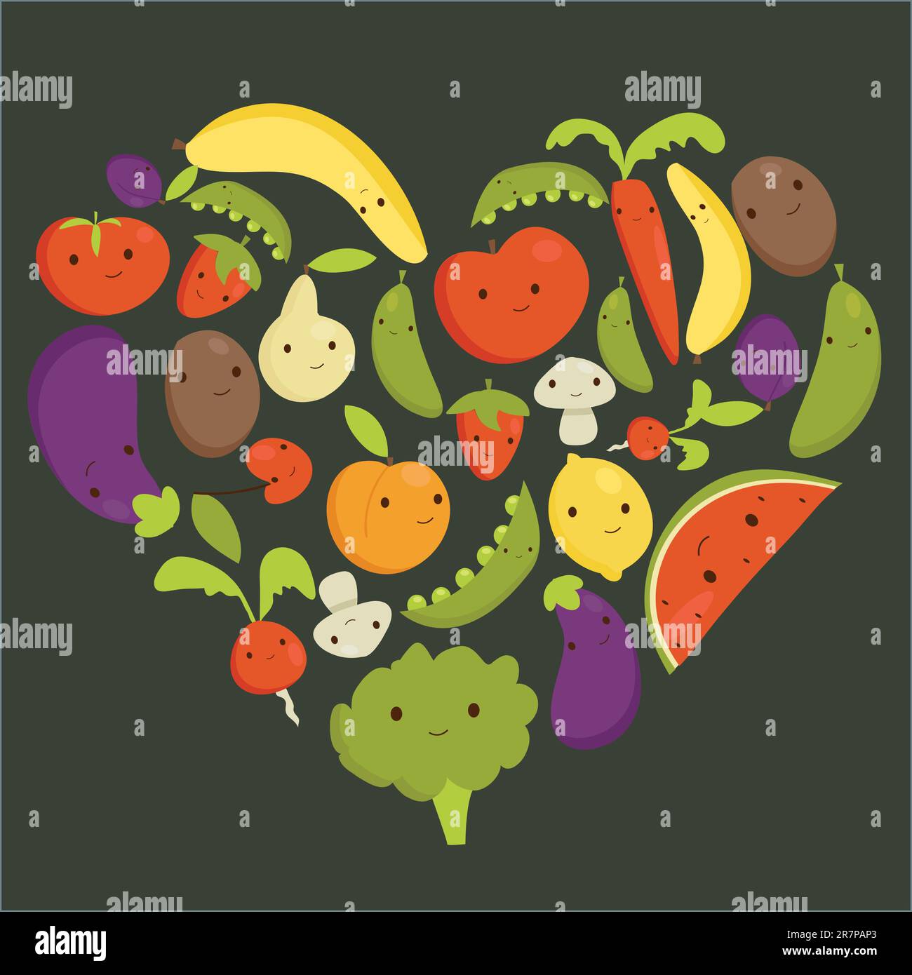 Fruits and vegetables heart shape, vector illustration Stock Vector