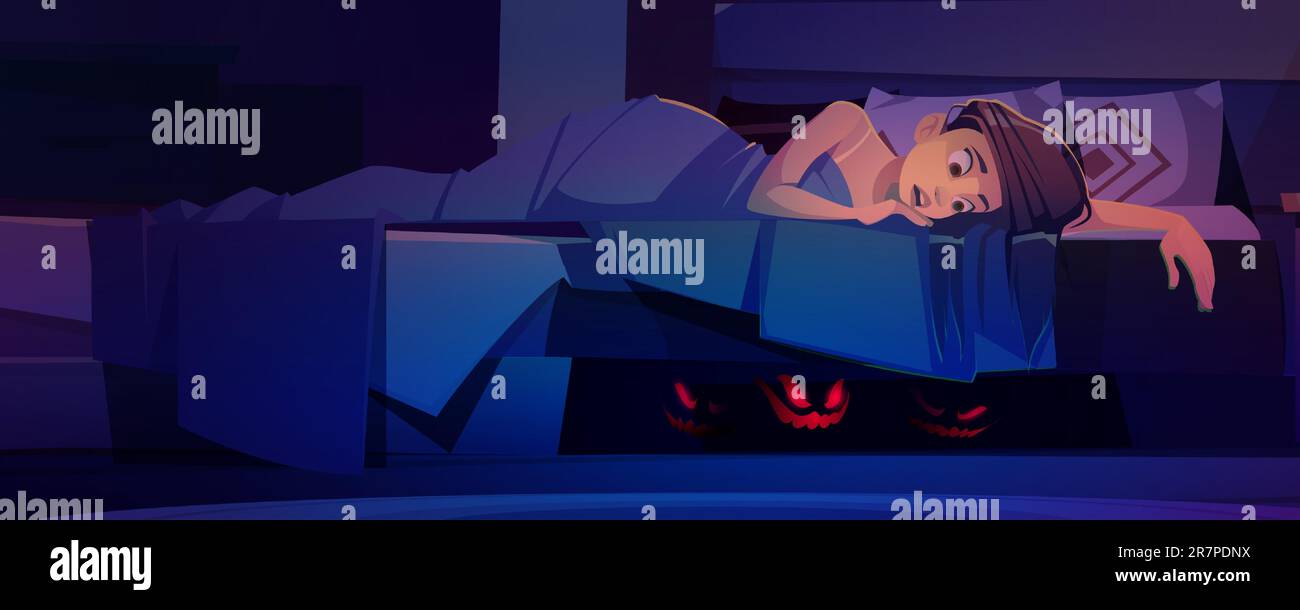 Woman scared nightmare red eyes monster under bed. Bad scary dream with ghost is mental phobia and terrifying panic. Lonely frightened person character lying and covered at dark night in depression Stock Vector