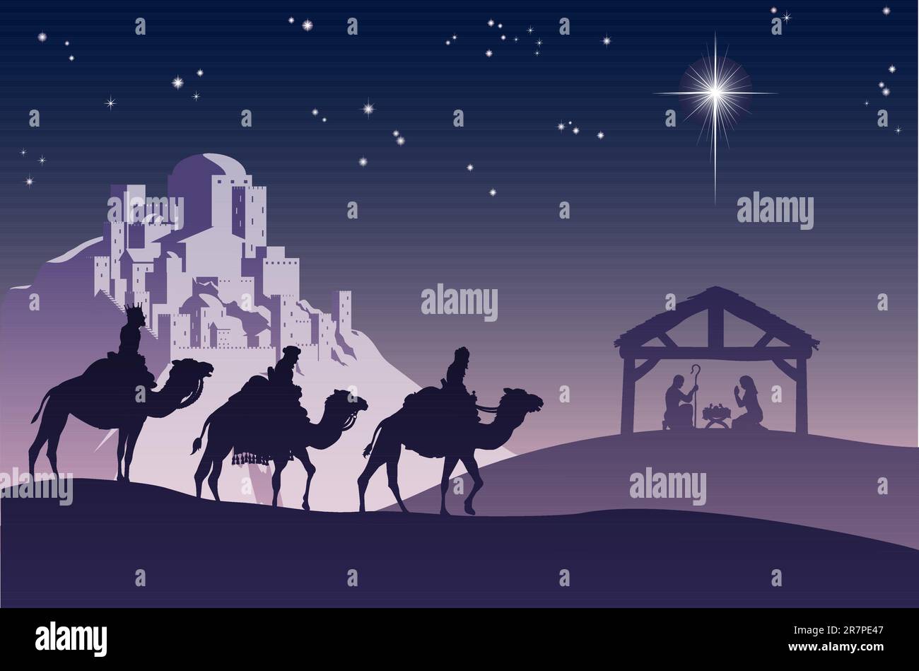 Illustration of traditional Christian Christmas Nativity scene with the three wise men going to meet baby Jesus in the manger. Stock Vector