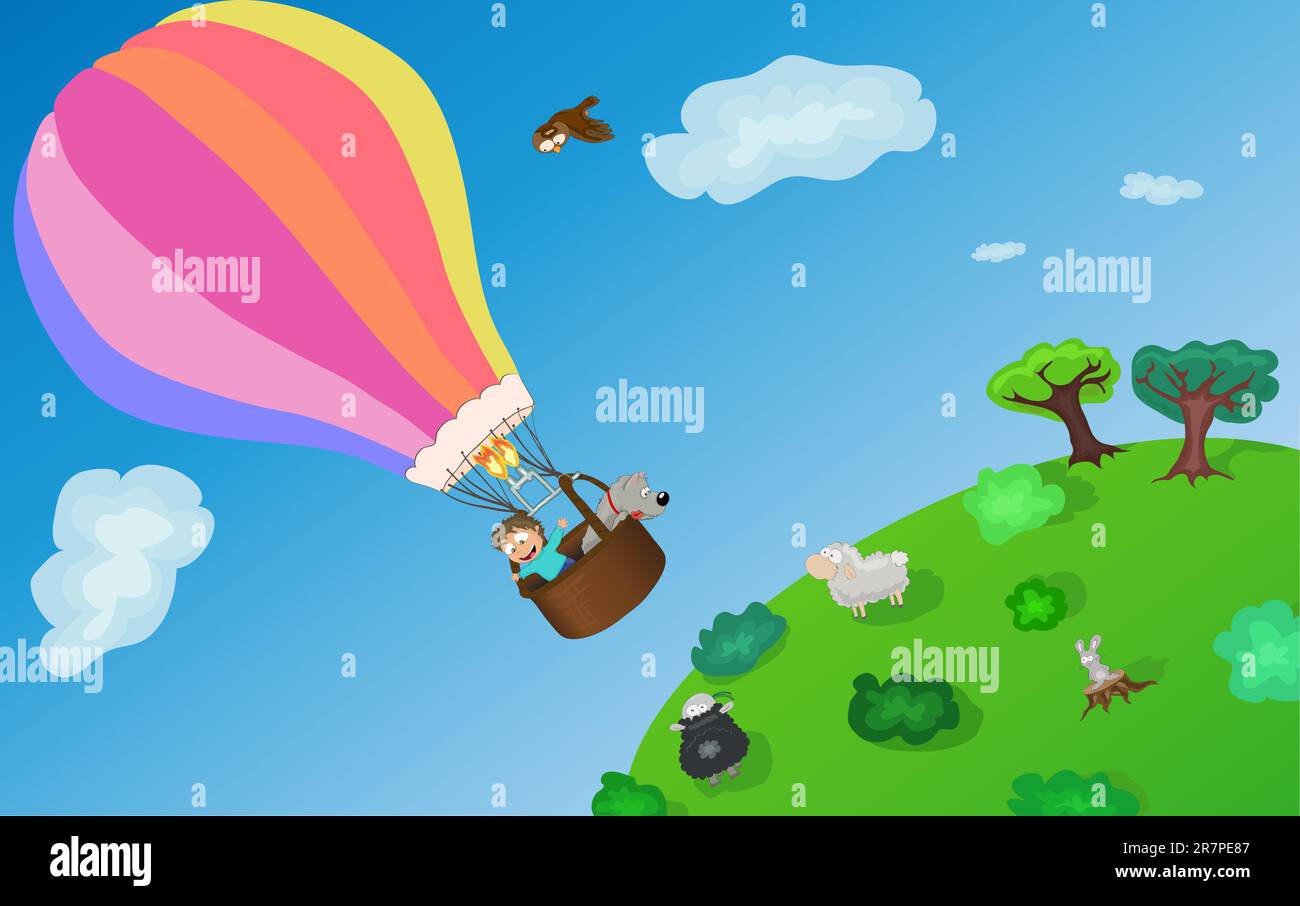 Little boy with his dog, flying on colorful baloon Stock Vector