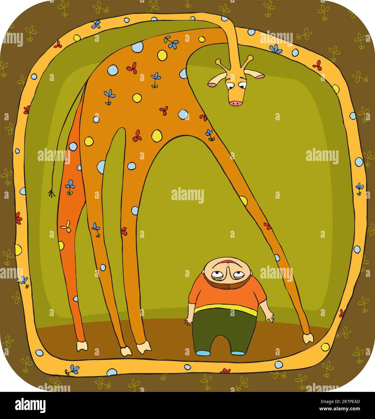 The little boy standing near a giraffe with very long neck Stock Vector