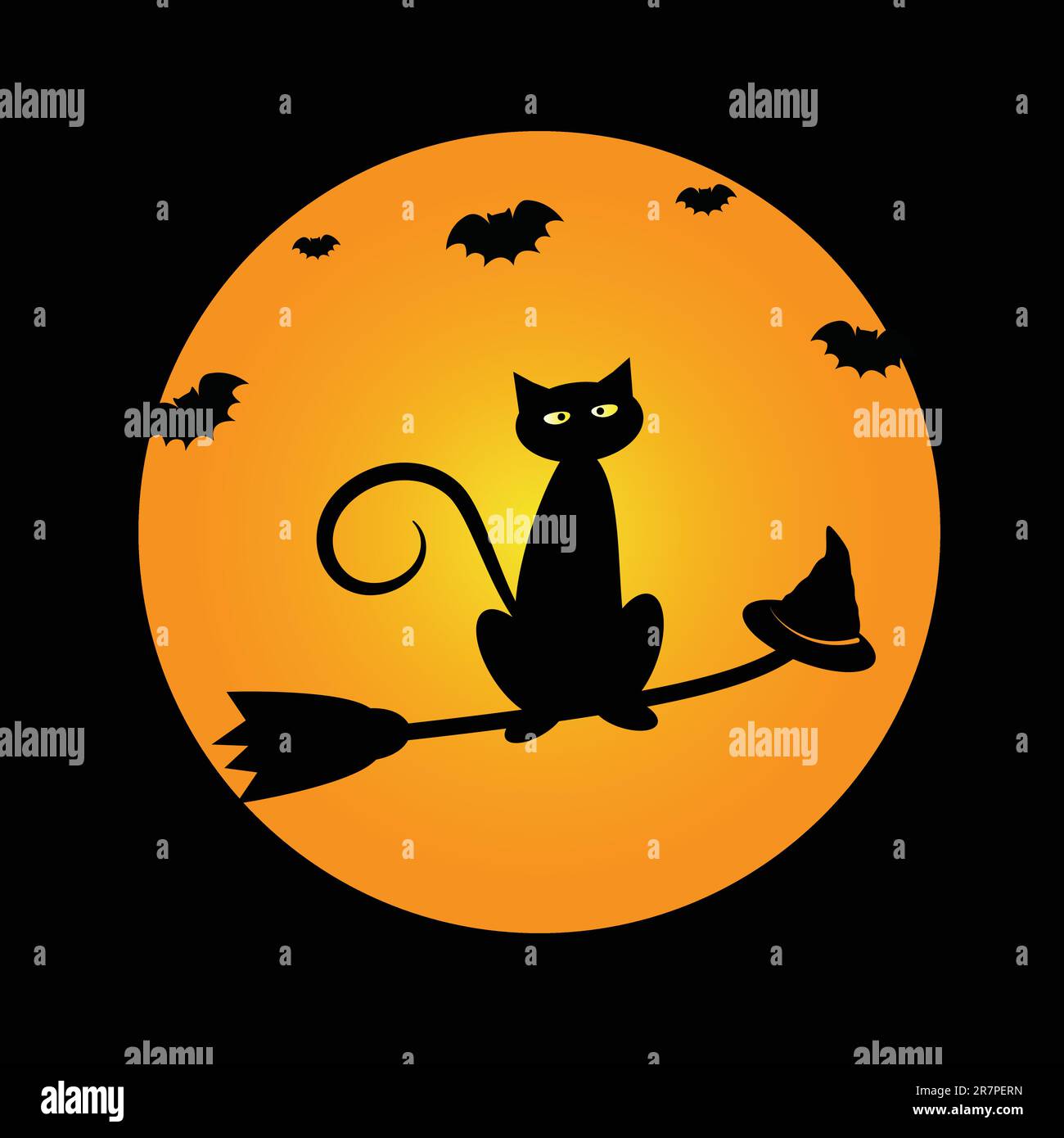 Halloween black cat on witch broomstick Stock Vector