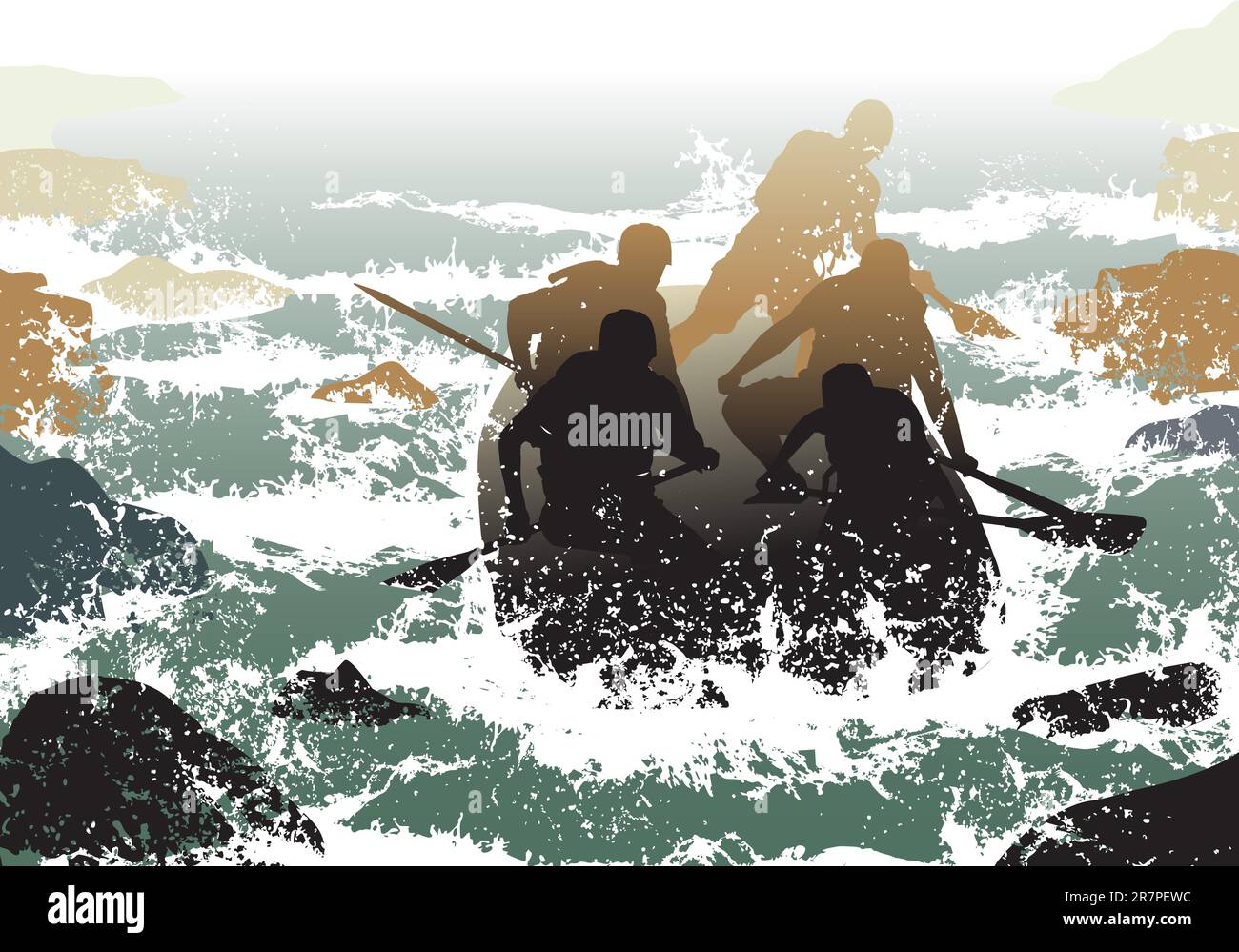 Editable vector illustration of people in a rubber dinghy going down ...
