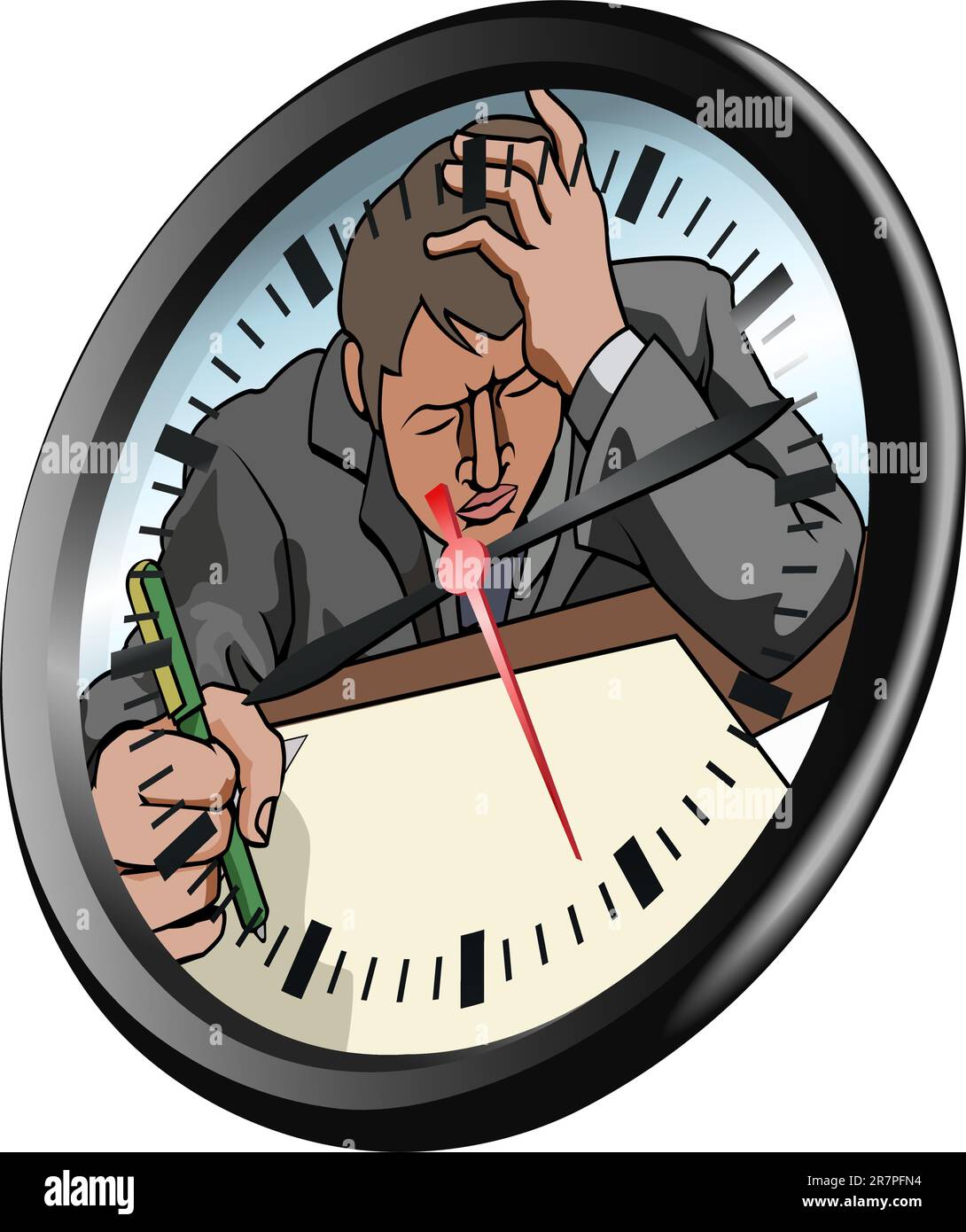 Conceptual piece. A man looking very stressed and under pressure working in clock face Stock Vector